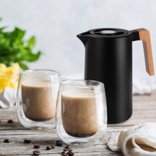 Load image into Gallery viewer, Yuanj Thermos flask, 1 litre, stainless steel 304, vacuum coffee pot with wooden handle, stainless steel double-walled insulated jug (quick press closure, 12 hours hot, 24 hours cold)