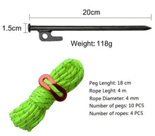 Load image into Gallery viewer, 20cm Solid Steel Tent Pegs Camping Pegs and 4m Reflective Line Ropes for Nailing Large Tents, Tents, for Camping, Hiking, Backpacking