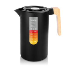Load image into Gallery viewer, Yuanj Thermos flask, 1 litre, stainless steel 304, vacuum coffee pot with wooden handle, stainless steel double-walled insulated jug (quick press closure, 12 hours hot, 24 hours cold)