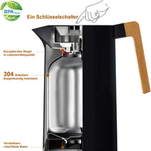 Load image into Gallery viewer, Yuanj Thermos flask, 1 litre, stainless steel 304, vacuum coffee pot with wooden handle, stainless steel double-walled insulated jug (quick press closure, 12 hours hot, 24 hours cold)