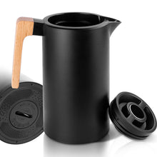 Load image into Gallery viewer, Yuanj Thermos flask, 1 litre, stainless steel 304, vacuum coffee pot with wooden handle, stainless steel double-walled insulated jug (quick press closure, 12 hours hot, 24 hours cold)