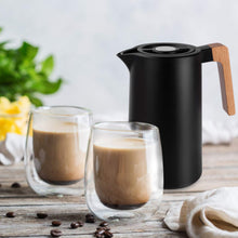 Load image into Gallery viewer, Yuanj Thermos flask, 1 litre, stainless steel 304, vacuum coffee pot with wooden handle, stainless steel double-walled insulated jug (quick press closure, 12 hours hot, 24 hours cold)
