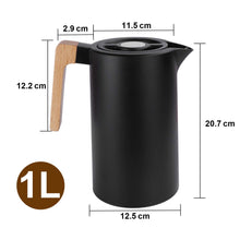 Load image into Gallery viewer, Yuanj Thermos flask, 1 litre, stainless steel 304, vacuum coffee pot with wooden handle, stainless steel double-walled insulated jug (quick press closure, 12 hours hot, 24 hours cold)
