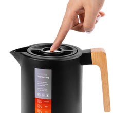Load image into Gallery viewer, Yuanj Thermos flask, 1 litre, stainless steel 304, vacuum coffee pot with wooden handle, stainless steel double-walled insulated jug (quick press closure, 12 hours hot, 24 hours cold)
