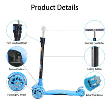 Load image into Gallery viewer, Yuanj Scooter for Children, Scooter with 3 Wheels with Flashing Wheels, Scooter with 4 Adjustable Heights, with Rear Safety Brake - Blue
