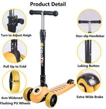 Load image into Gallery viewer, Yuanj Scooter for Children, Scooter with 3 Wheels with Flashing Wheels, Scooter with 4 Adjustable Heights, with Rear Safety Brake - Yellow
