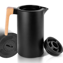Load image into Gallery viewer, Yuanj Thermos flask, 1 litre, stainless steel 304, vacuum coffee pot with wooden handle, stainless steel double-walled insulated jug (quick press closure, 12 hours hot, 24 hours cold)
